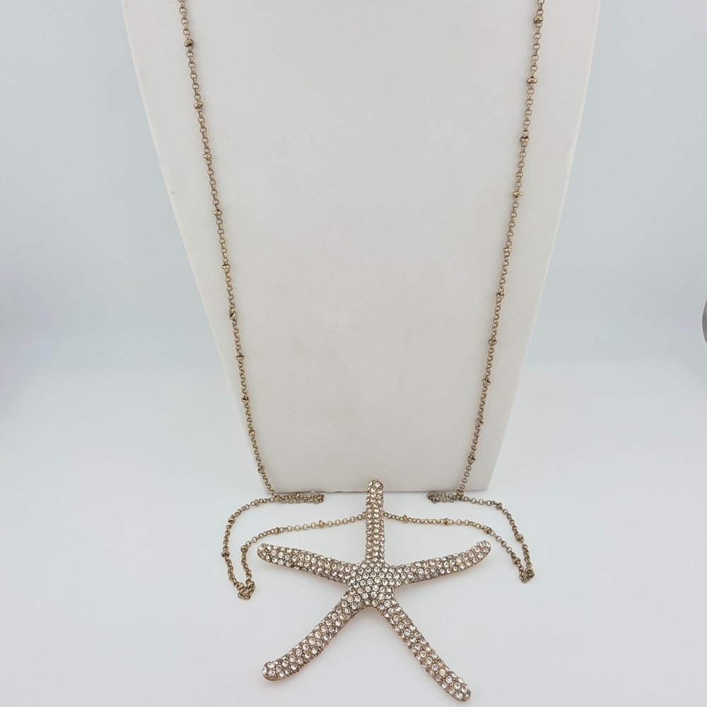 Vtg JOAN BOYCE 'Crystal Starfish' Necklace Pave SWAROVSKI Gold Plate Long 40" - Picture 4 of 9